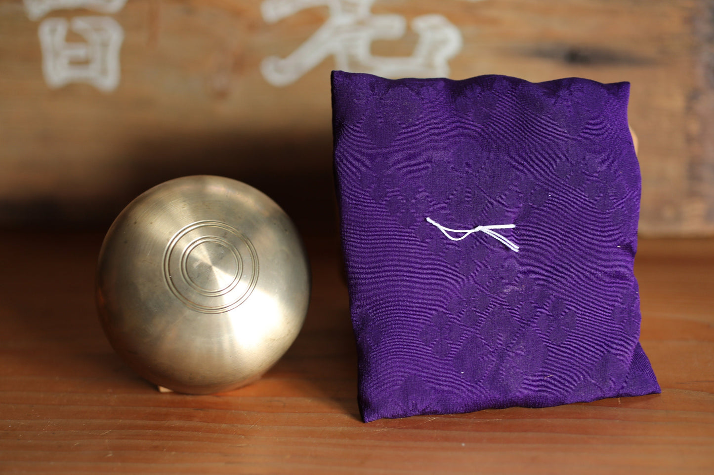 Japanese Bronze Orin - Buddhist Meditation Bell with Silk Cushion Striker & Floral Pedestal