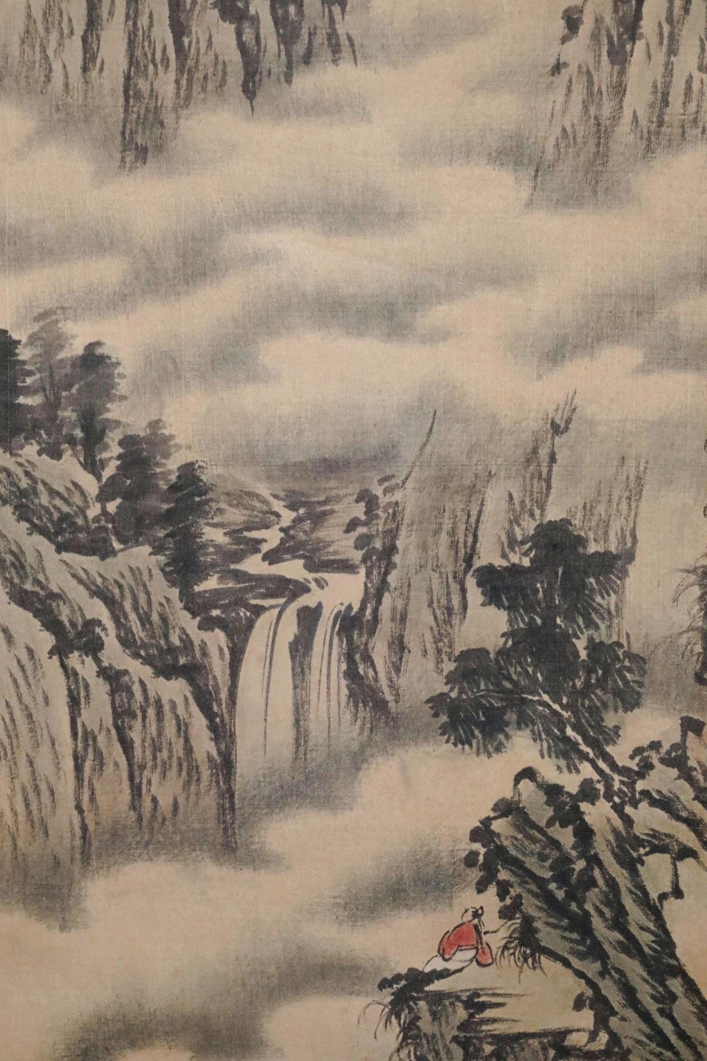 Japanese Ink Painting Scroll – Vintage Signed Kakejiku Silk Paper Art, Mountain Landscape