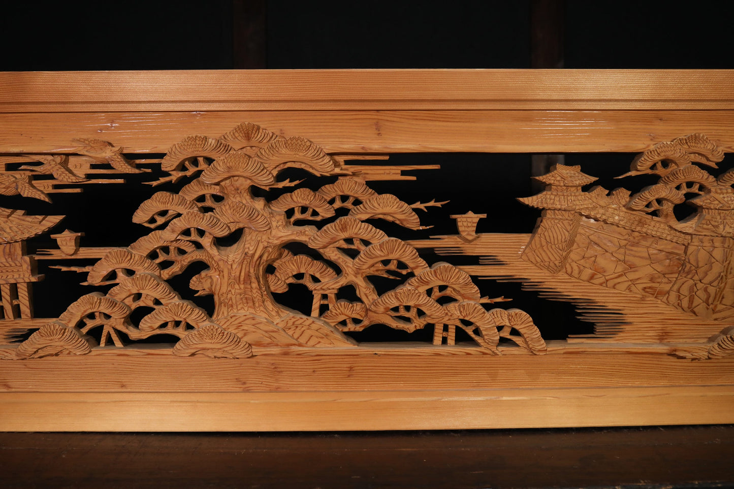 Japanese Wooden Ranma - Vintage Hand Carved Wood Panel With Seaside Pine Tree Carving