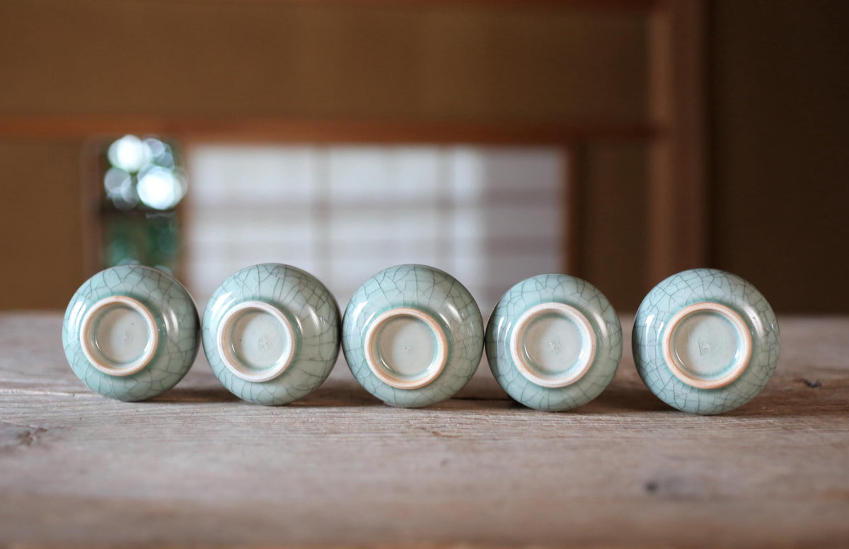 Vintage Japanese Souma Celadon Tea Set  with horse, 5 Cups, Pot,  (Sencha Ceremony)