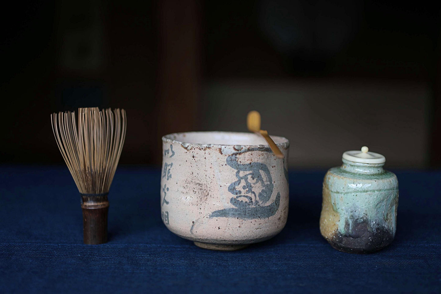 Shino Tea Bowl - Handmade Japanese Ceramic Chawan with Zen Master Daruma Art
