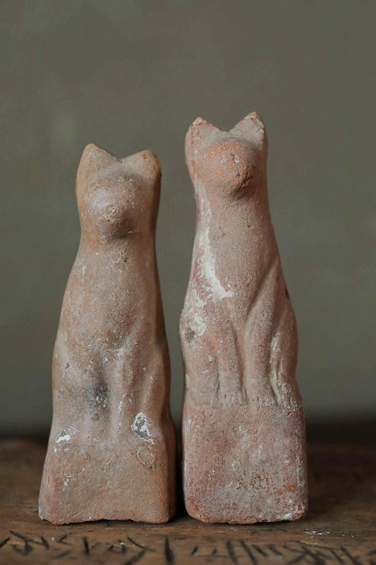 Antique Kitsune Dolls - Imado-yaki Pottery Pair | Japanese Guardian Foxes, Rustic Edo Period Collectibles