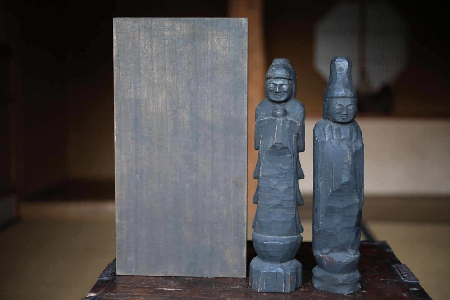 Japanese Antique Buddha Statue – Edo Period Wooden Buddhist Sculpture With Sun And Moon Motif