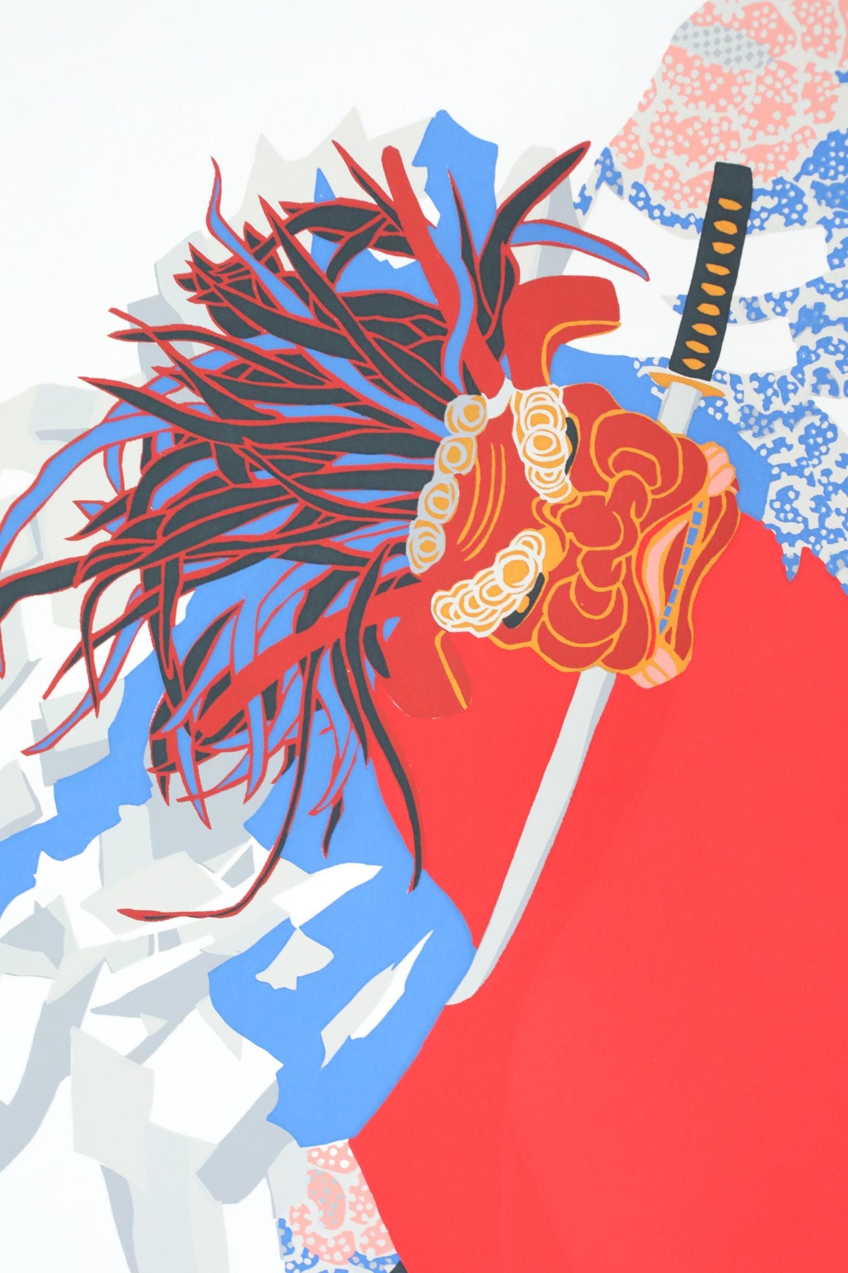 The image is a vibrant and colorful abstract artwork featuring a stylized dragon or mythical creature with a long, flowing mane and a red and gold headdress. The dragon is holding a sword, adding a sense of power and majesty to the composition. The background is a mix of blue, red, and white colors, creating a dynamic and visually striking scene.