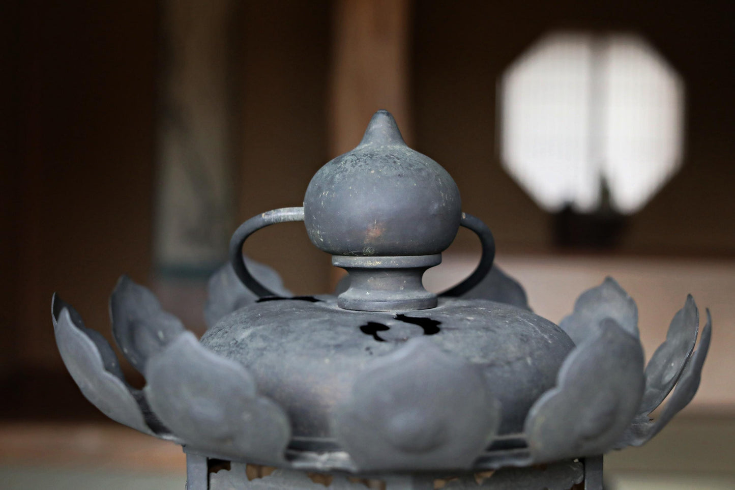 Japanese Buddhist Lantern - Antique Bronze Hanging Temple Lantern with Lotus Flower Design