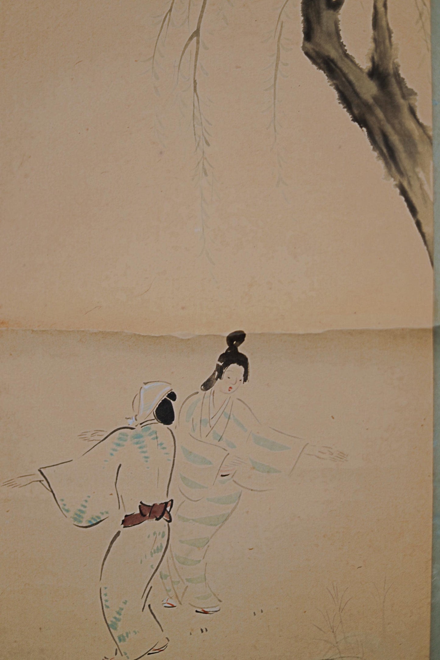 Japanese Antique Scroll - Vintage Hanging Scroll With Willow Tree Festival Dance Art
