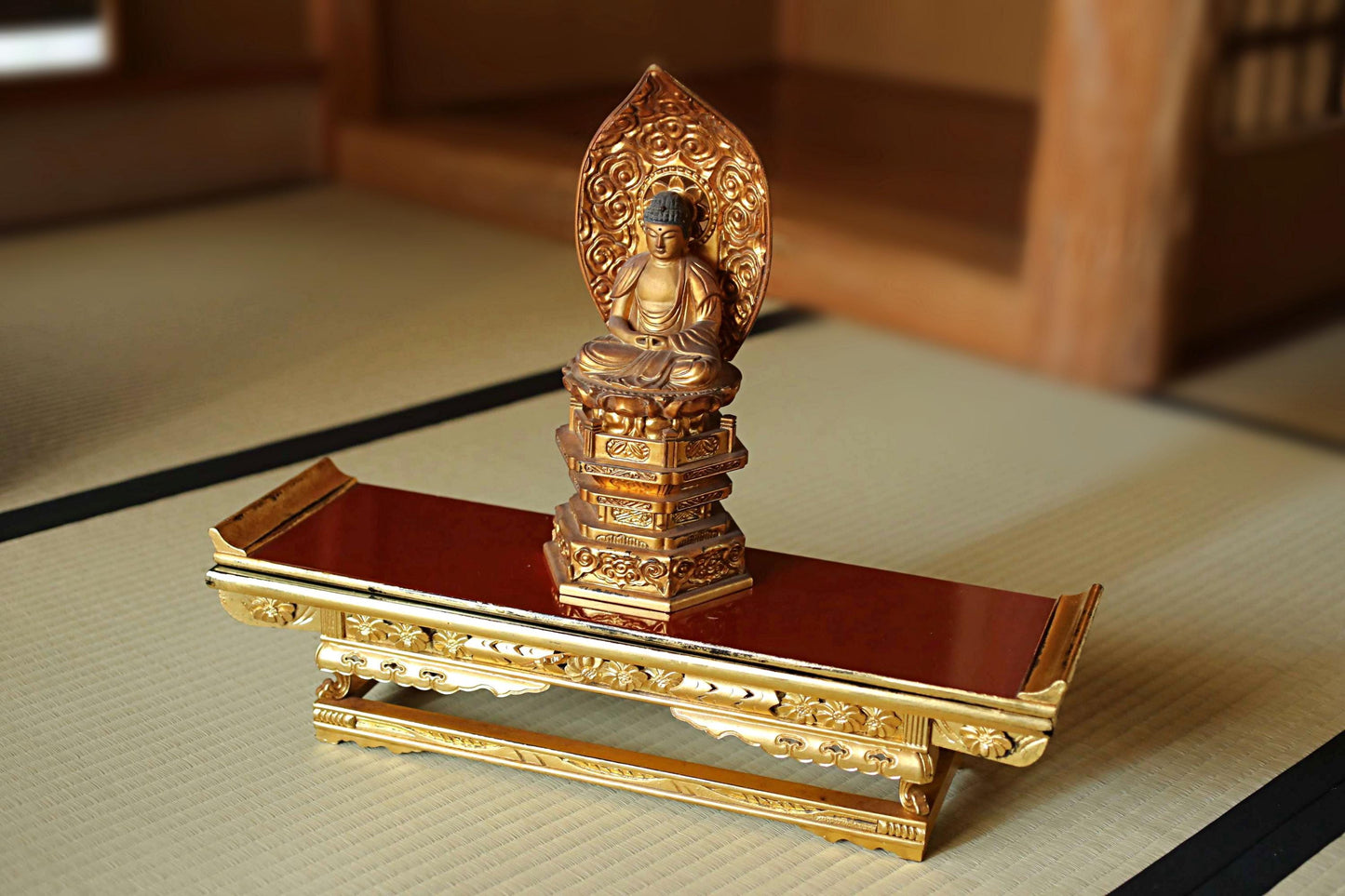 Japanese Lacquer Table Vintage Temple Pedestal - Red Black Gold Wood Stand
