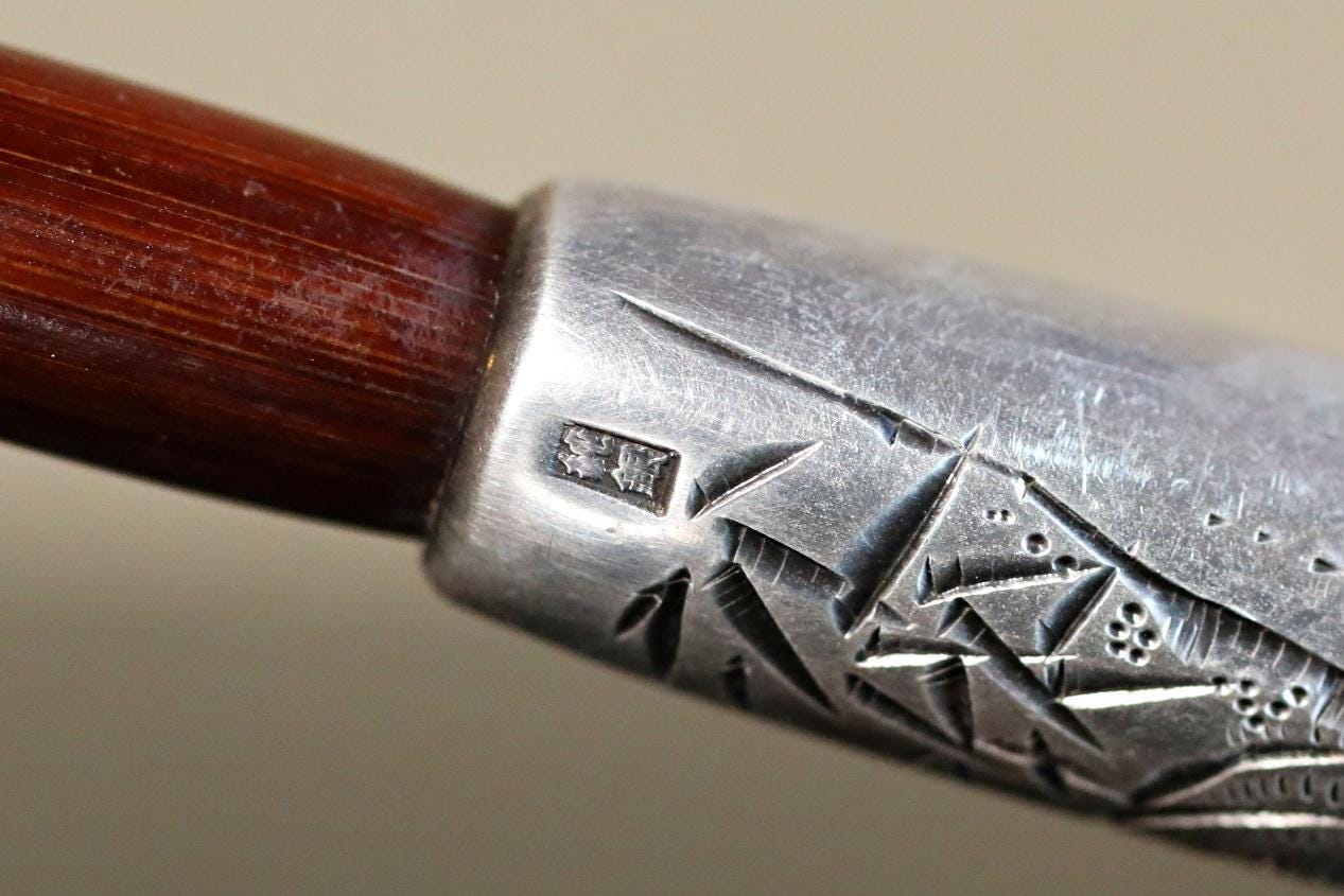 Antique Silver Pipe - 1910s Japanese Kiseru Tobacco Pipe with Carved Tiger & Bamboo