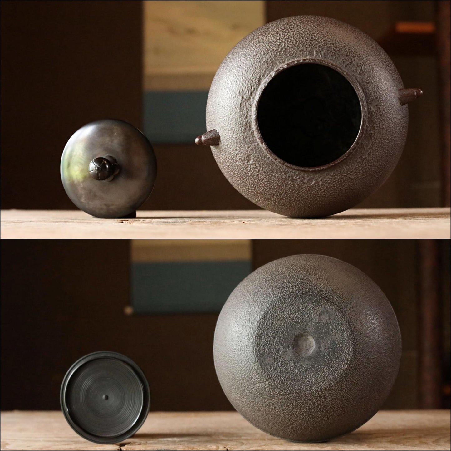 Japanese Cast Iron Kettle – Maru-Gama Tea Pot With Signed Wooden Box & Plum Blossom Lid