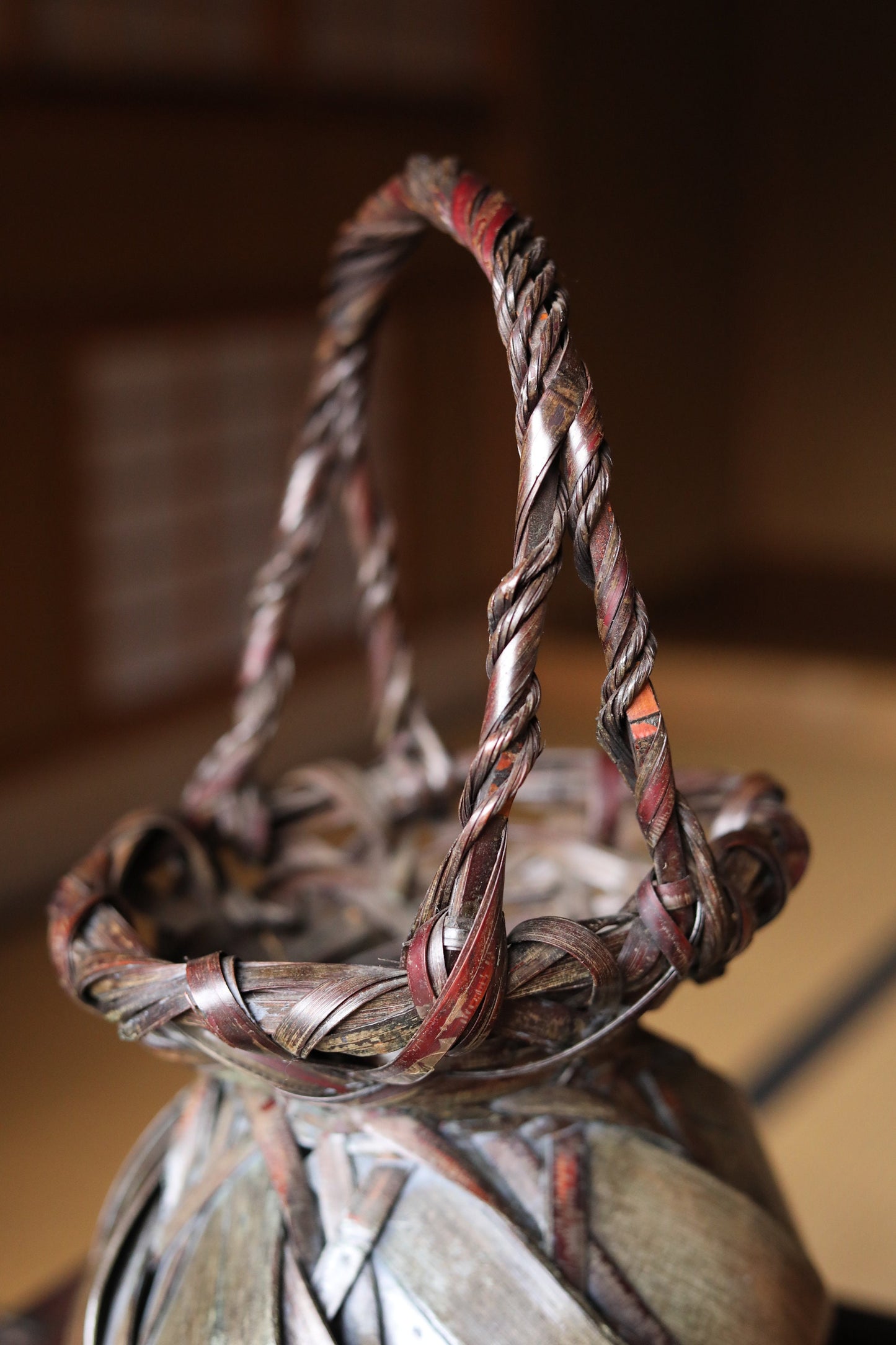 Vintage Bamboo Basket - Japanese Woven Ikebana Flower Container | Smoke Stained