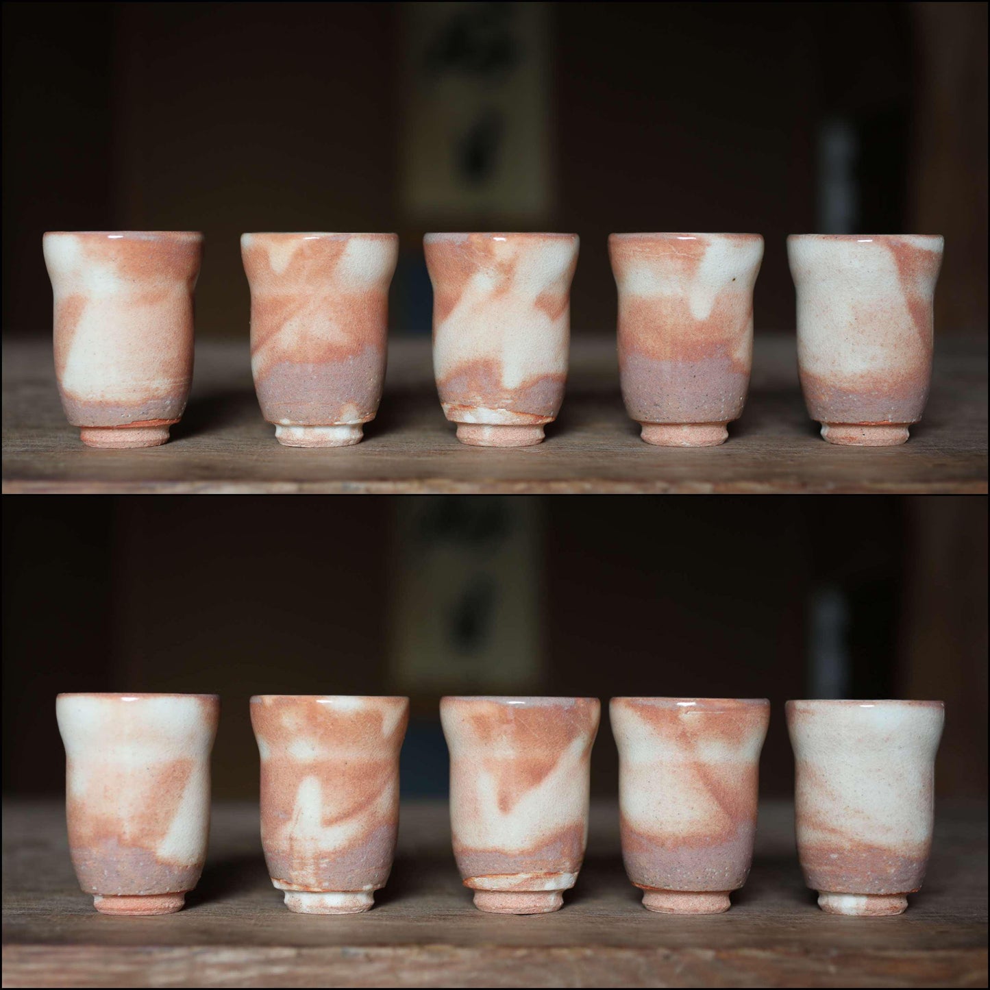 Vintage Hagi Ware Tea Cups Set of 5 - Japanese Ceramic Yunomi With Signed Wooden Box