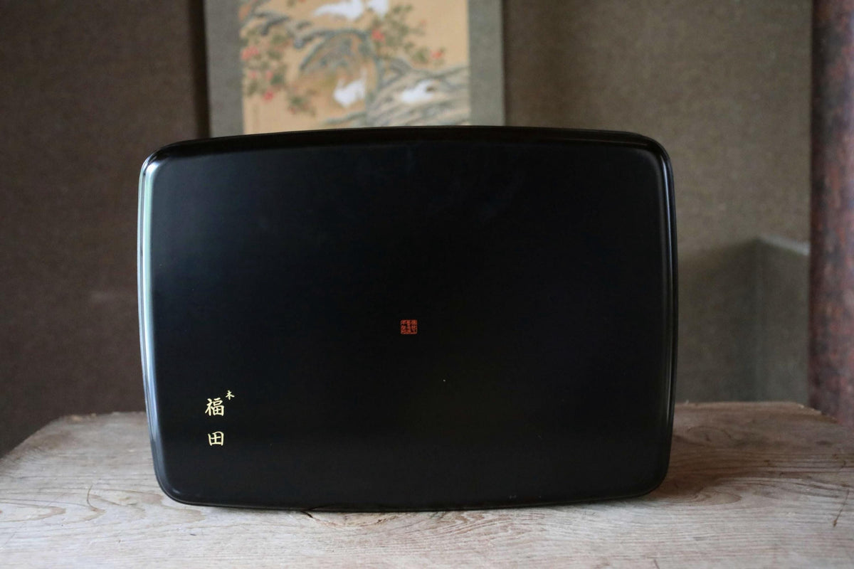 A black rectangular object, possibly a box or container, is sitting on a wooden surface.