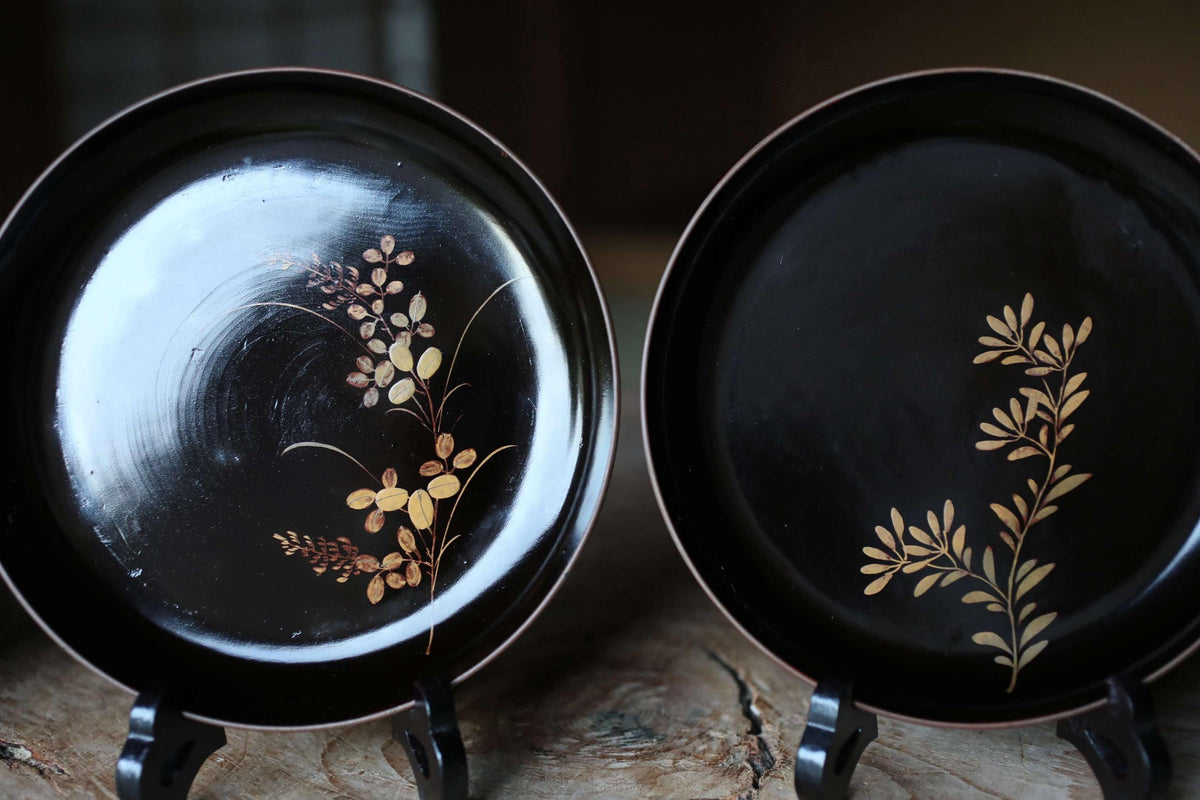 two black plates with gold floral designs, placed on a wooden surface.