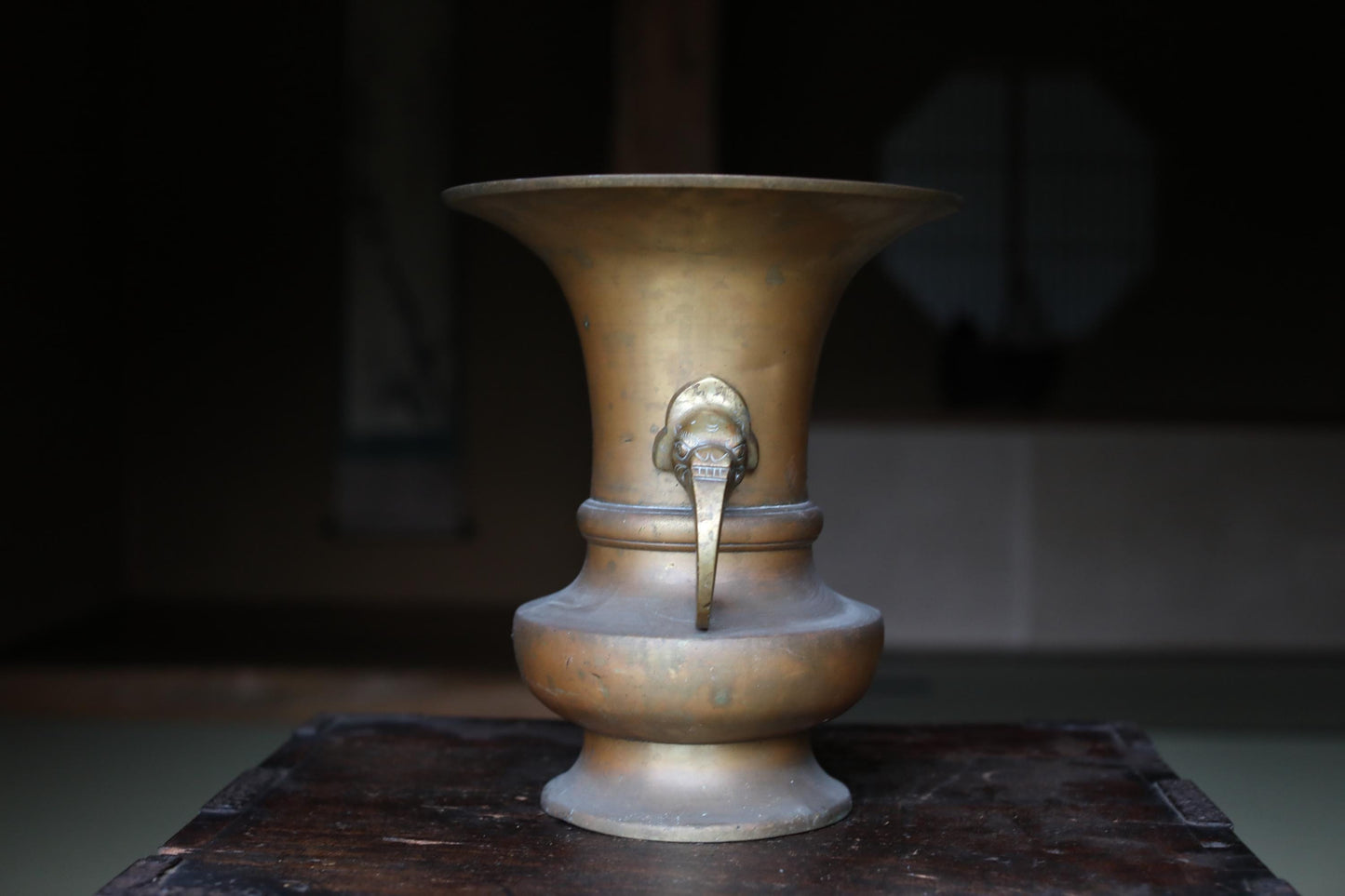 Japanese Antique Brass Vase – Edo Period Buddhist Temple Vessel with Detachable Lion Handles