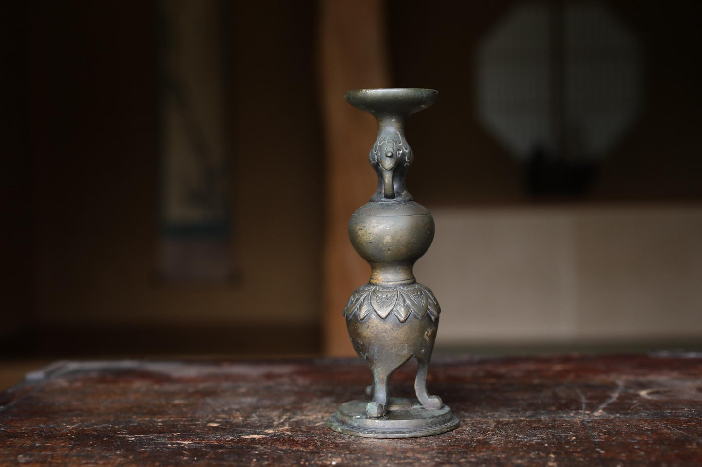 Antique Brass Candlestick - Japanese Cast Metal Elephant Motif | Buddhist Altar Decor