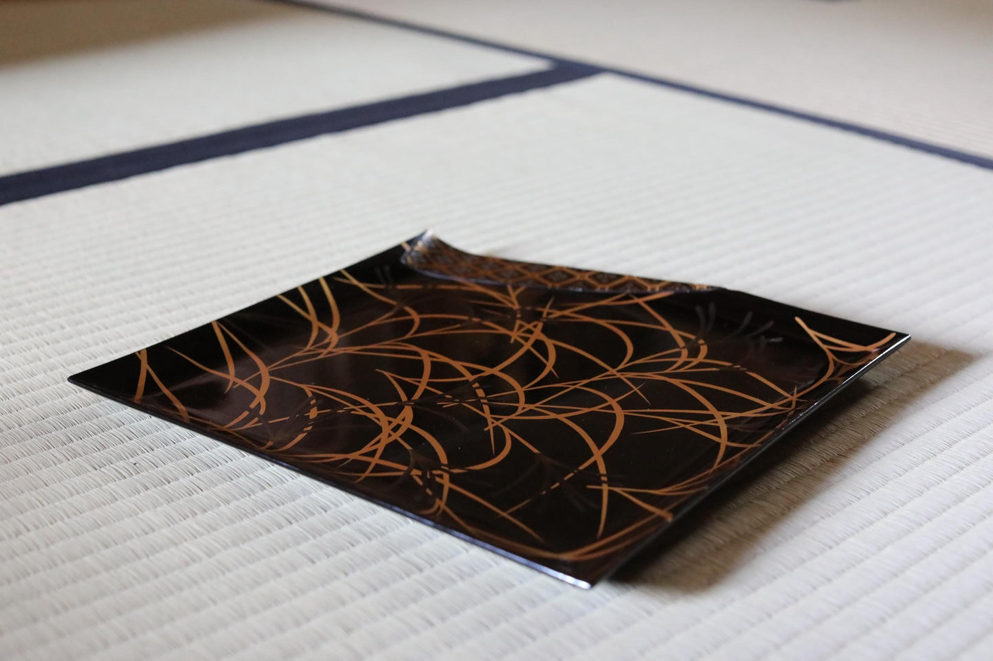 Japanese Lacquer Tray - Antique Black Urushi Tray with Makie Gold Pampas Grass Design