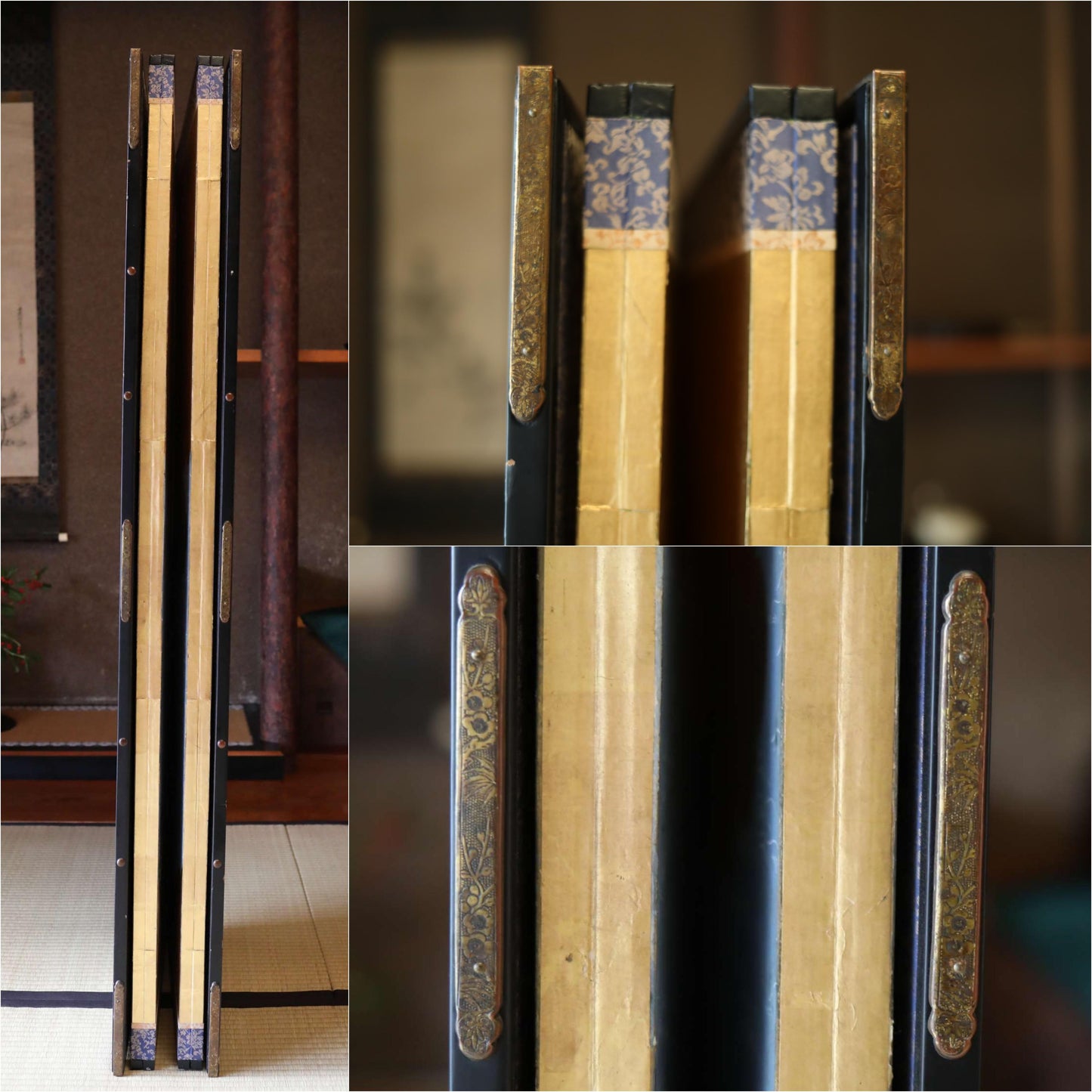 Japanese Antique Byobu Screen - Hand Painted Gold Leaf Folding Screen Artwork
