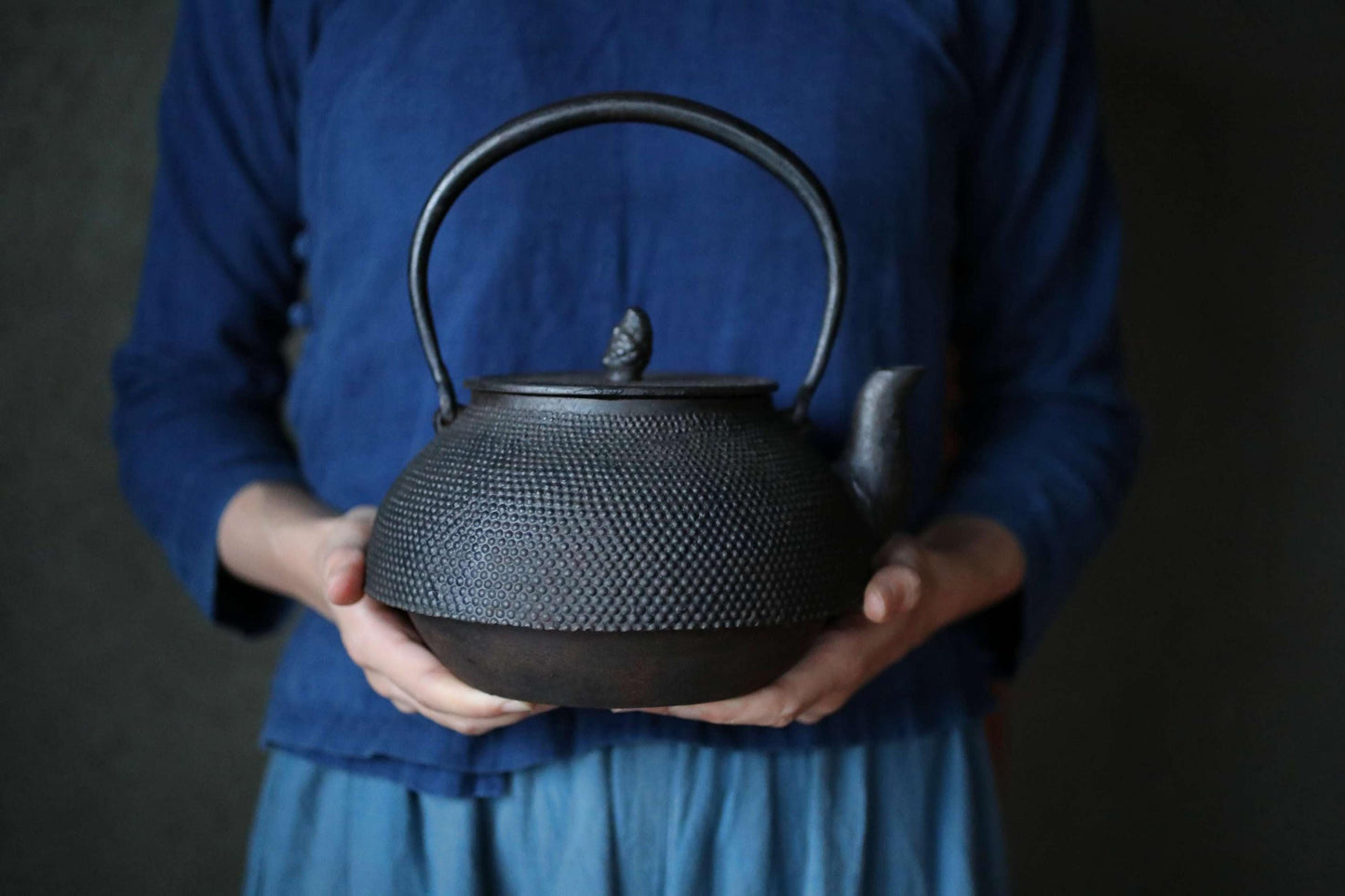 Nambu Tetsubin Iron Kettle - Large Vintage Cast Iron Tea Pot with Arare Texture Pattern