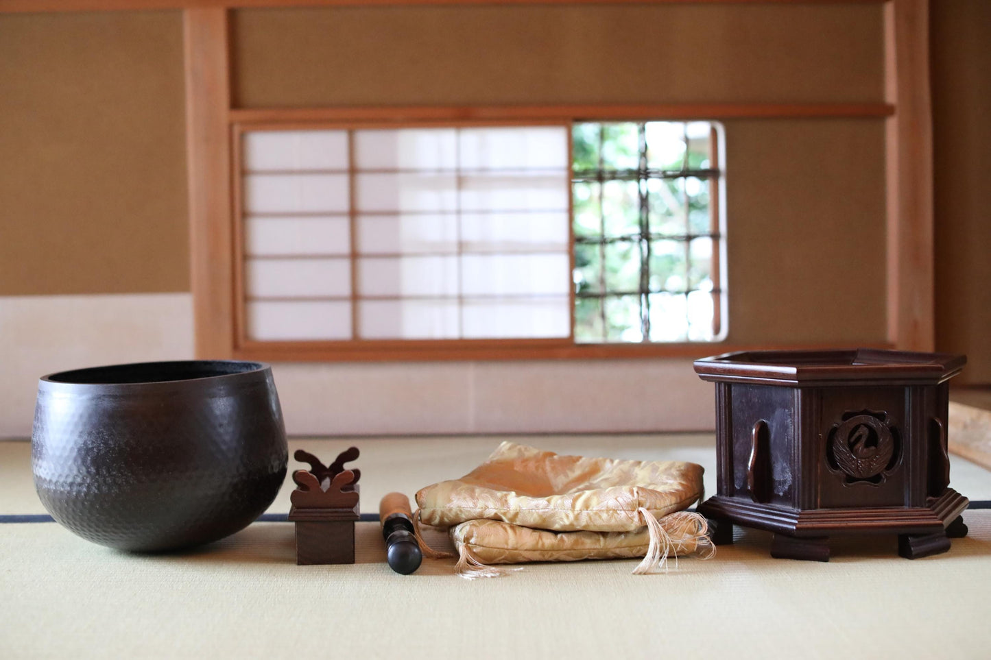 Japanese Chanting Bell - Large Orin Bronze Singing Bowl with Karaki Wood Stand