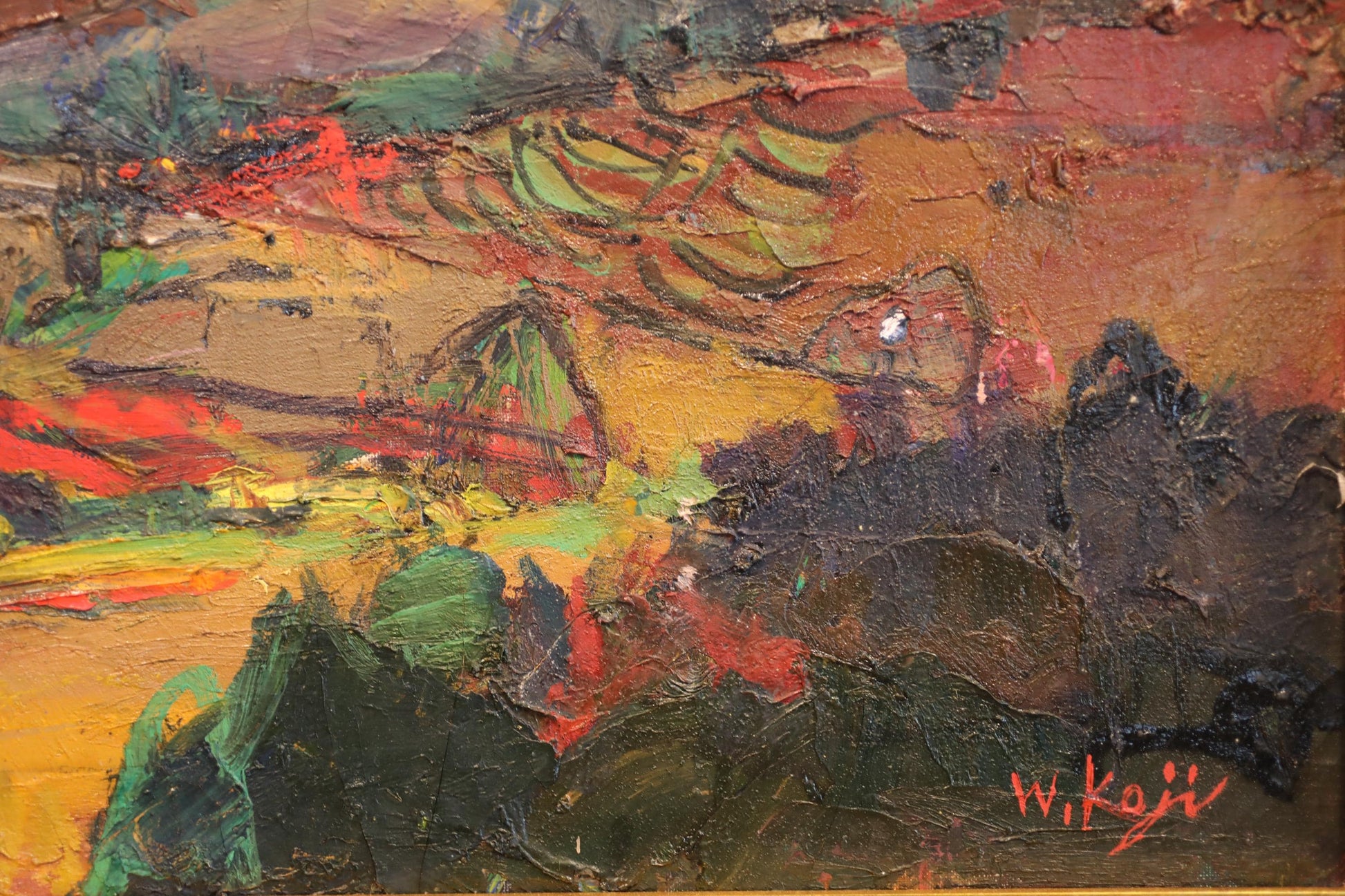 The image is an oil painting featuring a vibrant landscape with a variety of colors and brushstrokes.