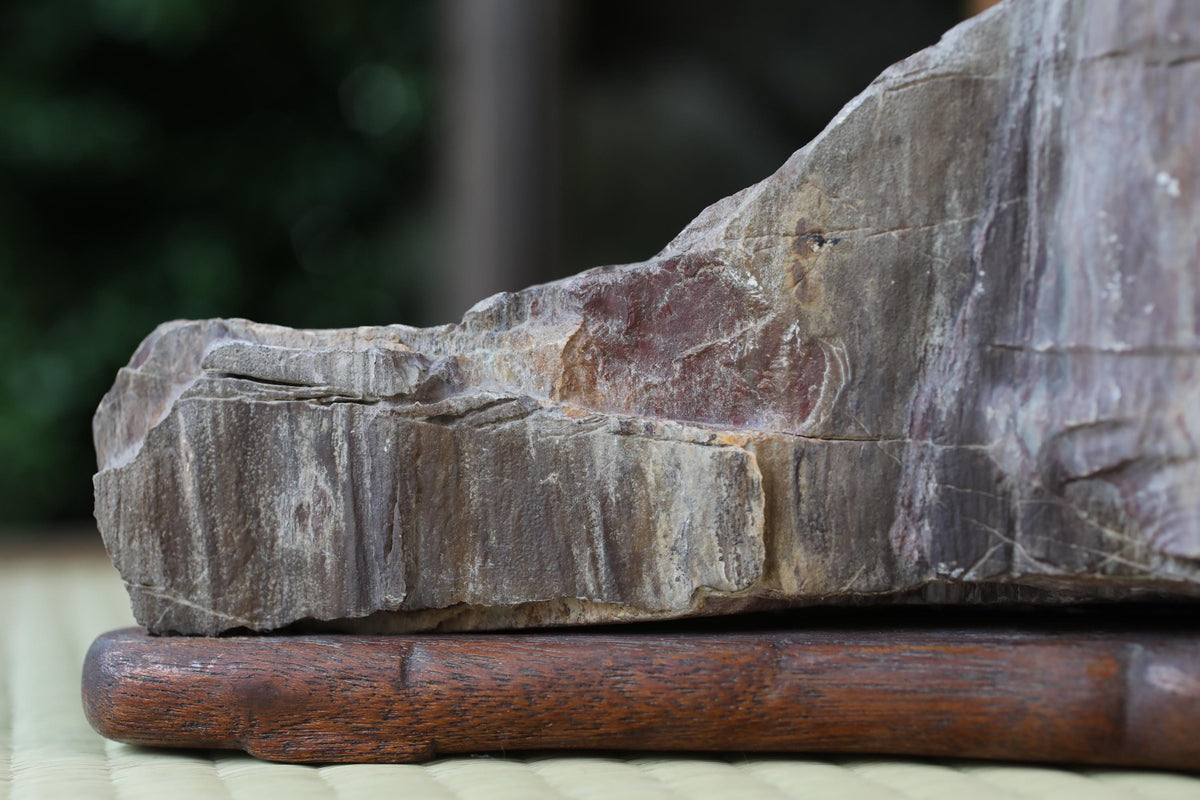 A close-up image of a large, irregularly shaped rock with a reddish-brown hue, resting on a wooden base.
