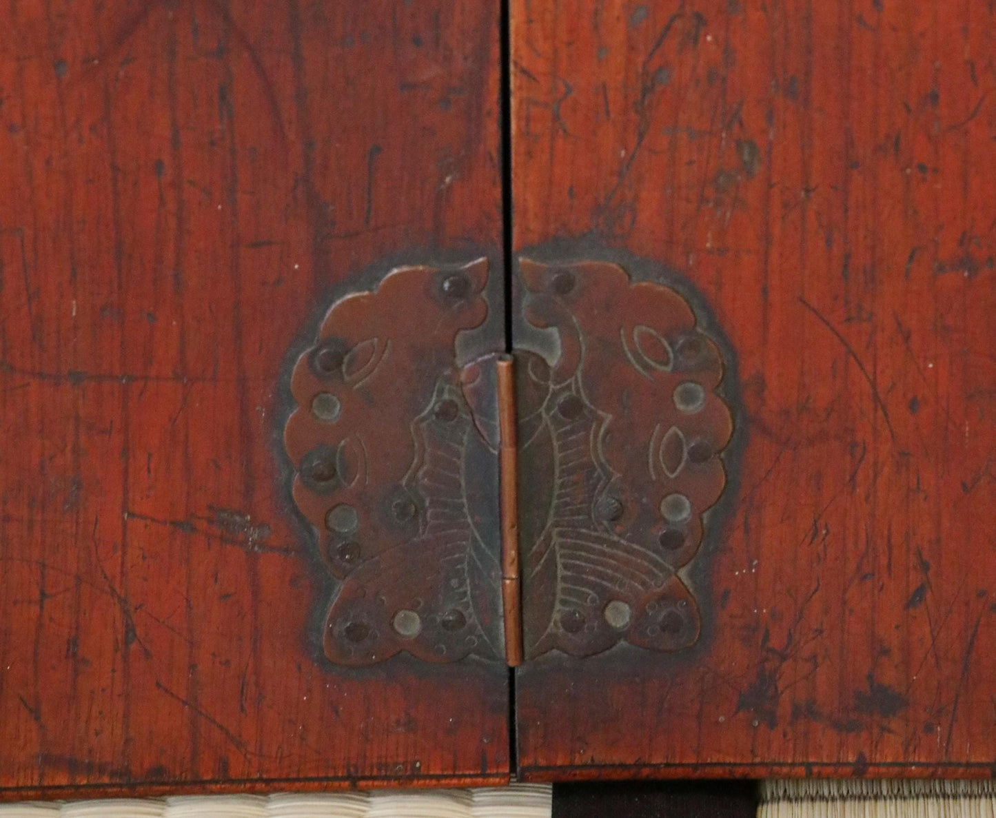 Japanese Tansu Chest – Antique Lacquered Wood Chest With Butterfly Clasp, Small Drawers