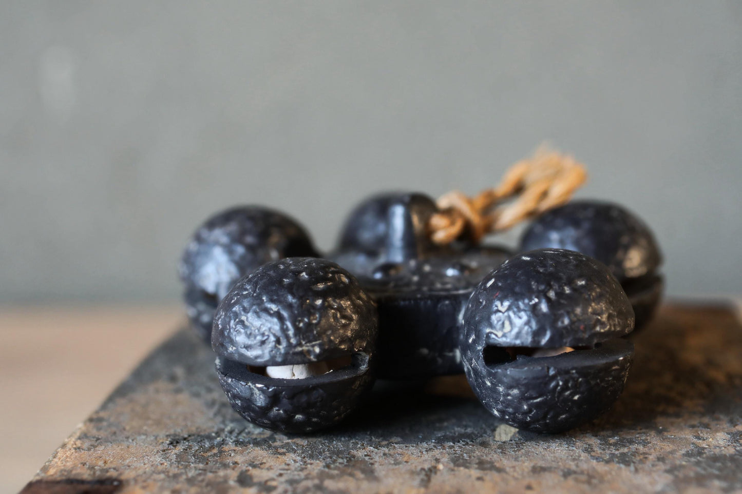 a collection of black, textured objects arranged on a gray surface, with a brown string or cord attached to them.
