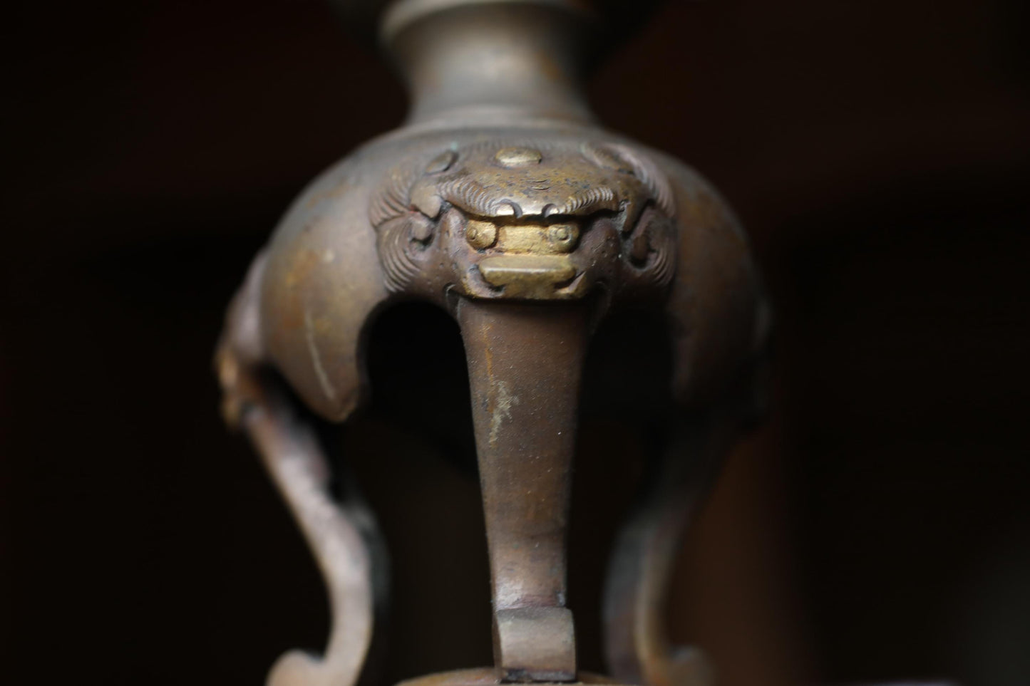 Antique Brass Candlestick Japanese Animal Motif Cast Metal Pillar Candle Holder