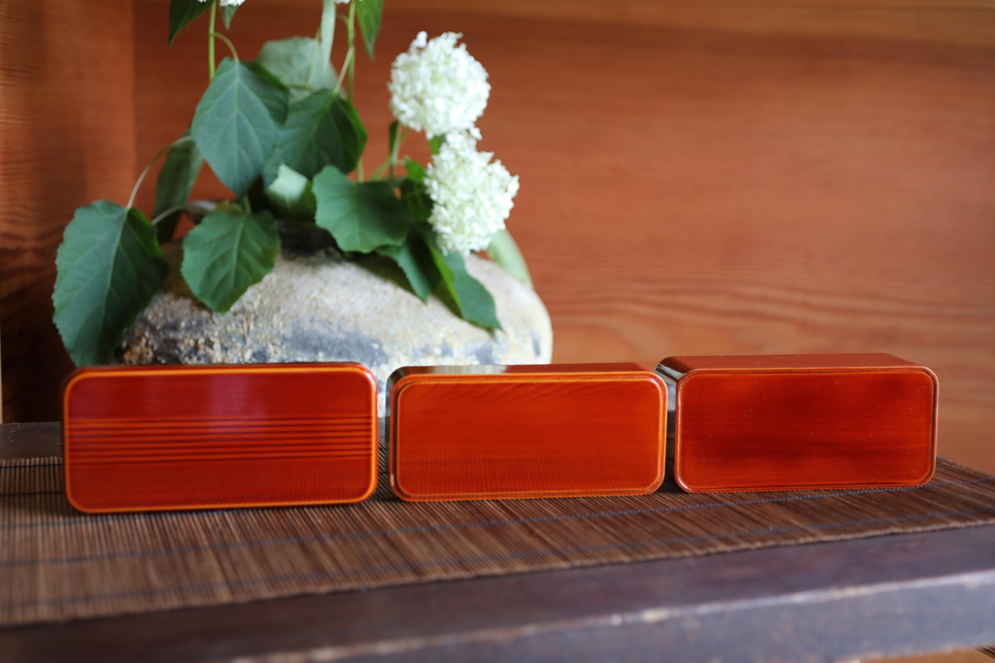three red rectangular objects placed on a wooden surface, with a potted plant and white flowers in the background.