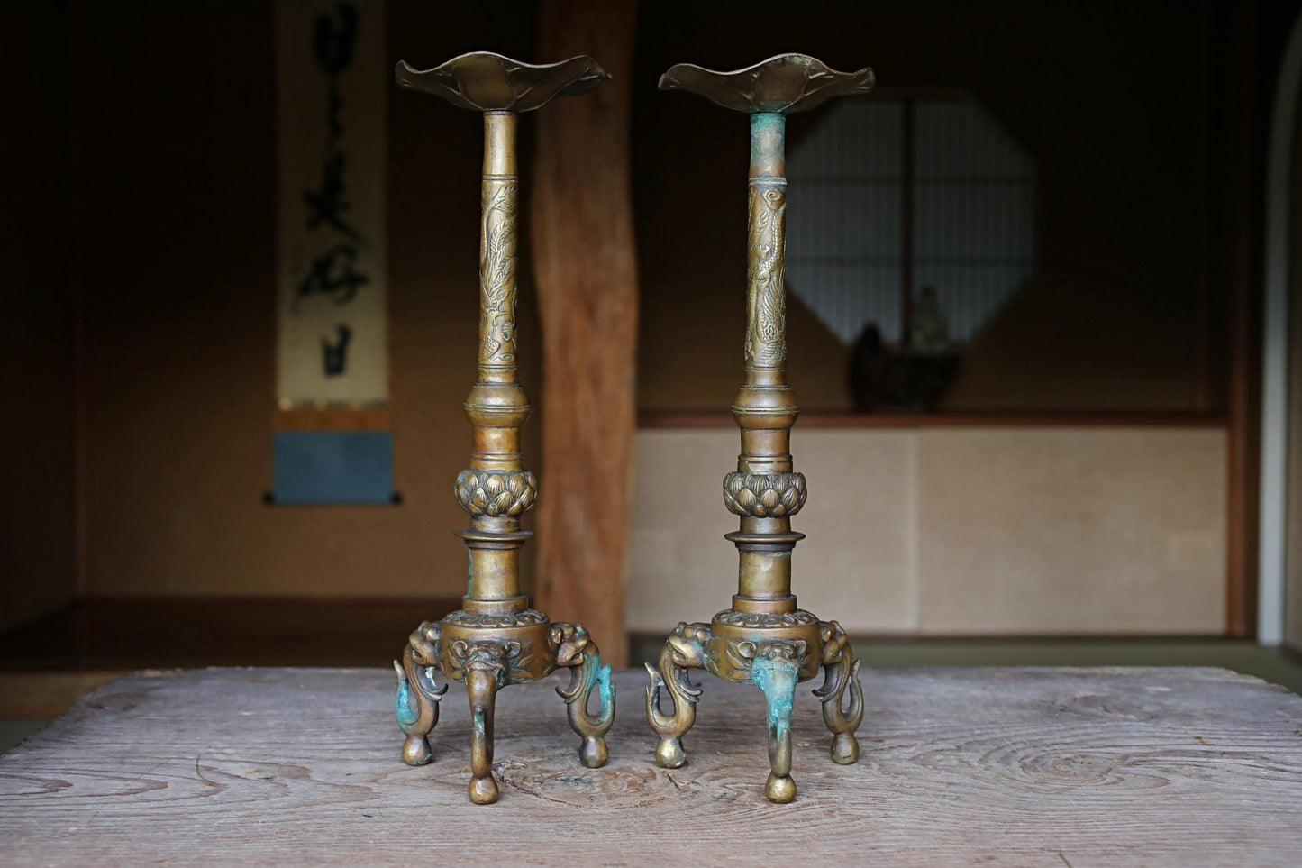 Antique Brass Candlestick Pair - Japanese Dragon Lotus Design With Lion Head Base