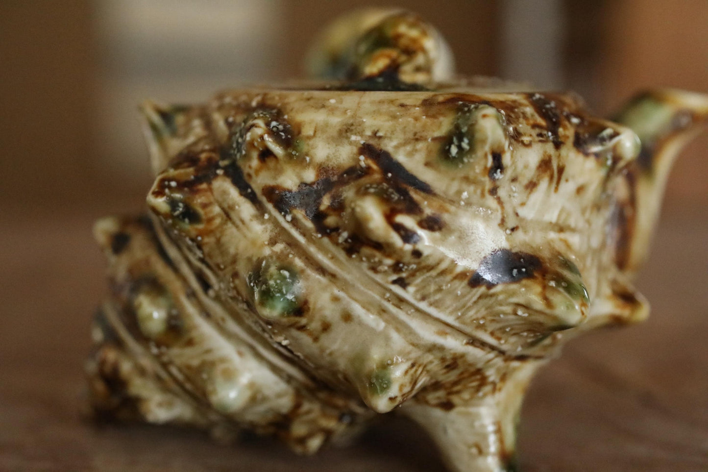 Vintage Ceramic Teapot - Japanese Sencha Tea Pot with Turban Shell Design & Green Oribe Glaze