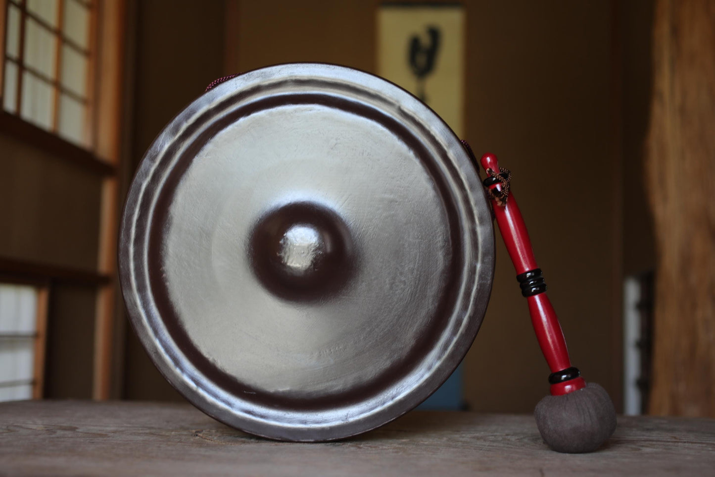 Japanese Bronze Gong - Large Antique Tea Ceremony Bell with Leather Striker | Vintage Buddhist Instrument 13.2in