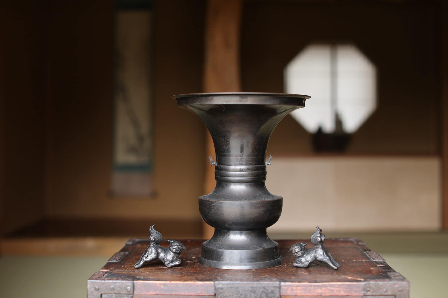 Japanese Bronze Vase - Large Vintage Temple Altar Vessel with Imperial Lion Handles