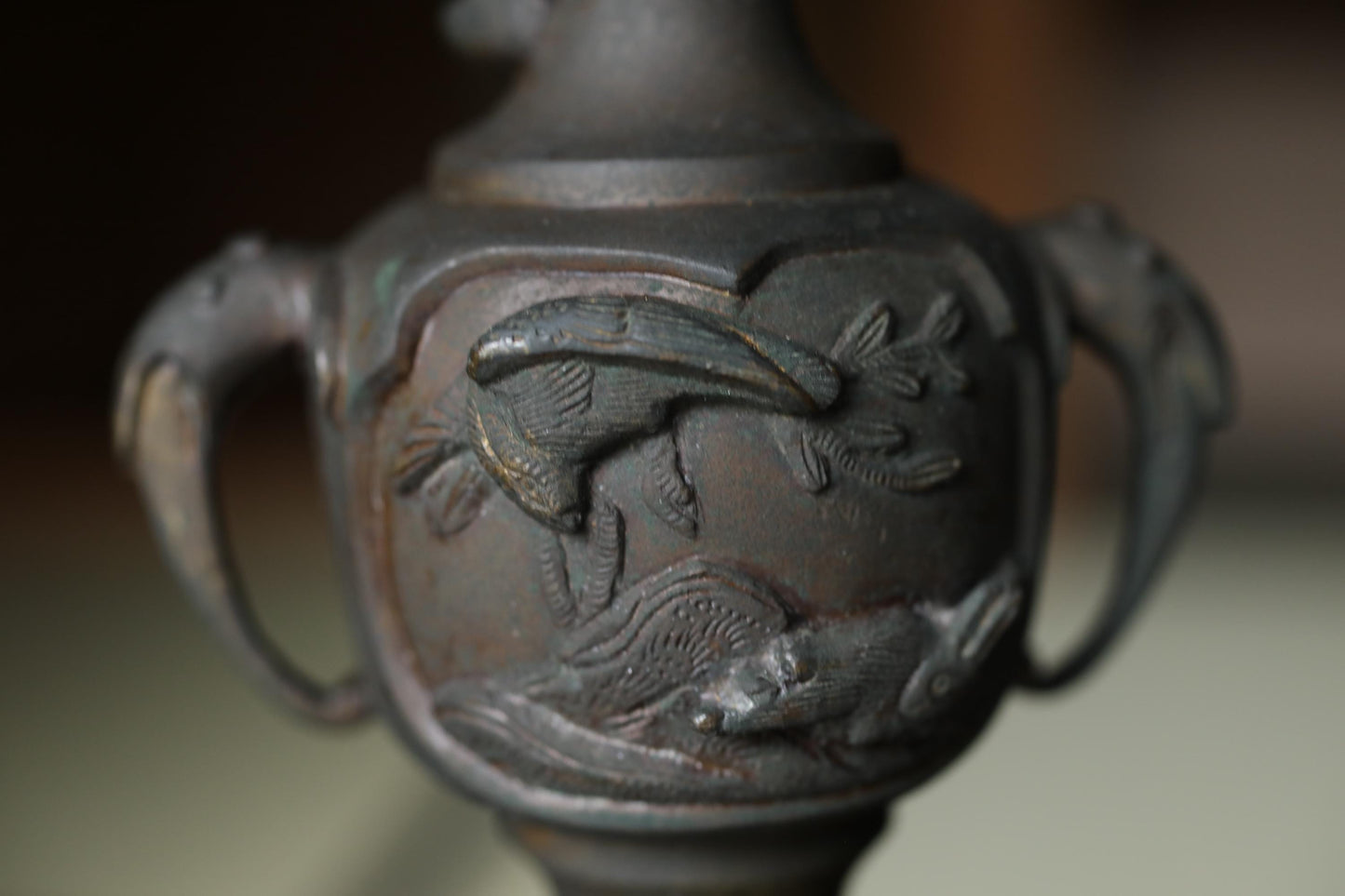 Antique Brass Candlestick Japanese Animal Motif Cast Metal Pillar Candle Holder