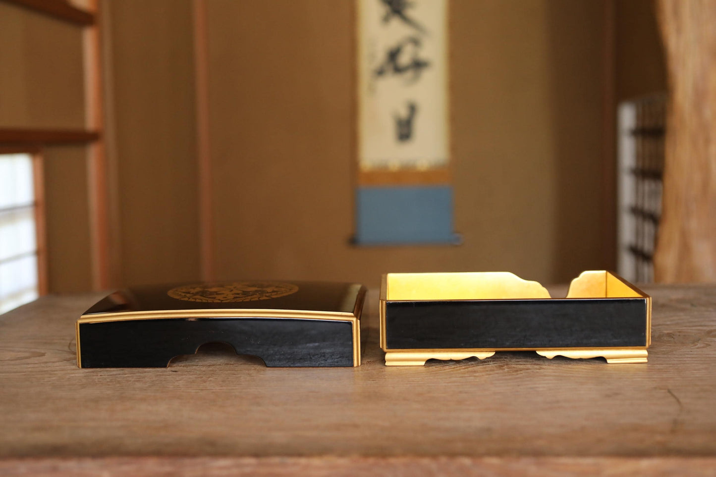 Japanese Lacquer Box - Maki-e Gold Wisteria Crest | Buddhist Sutra Storage