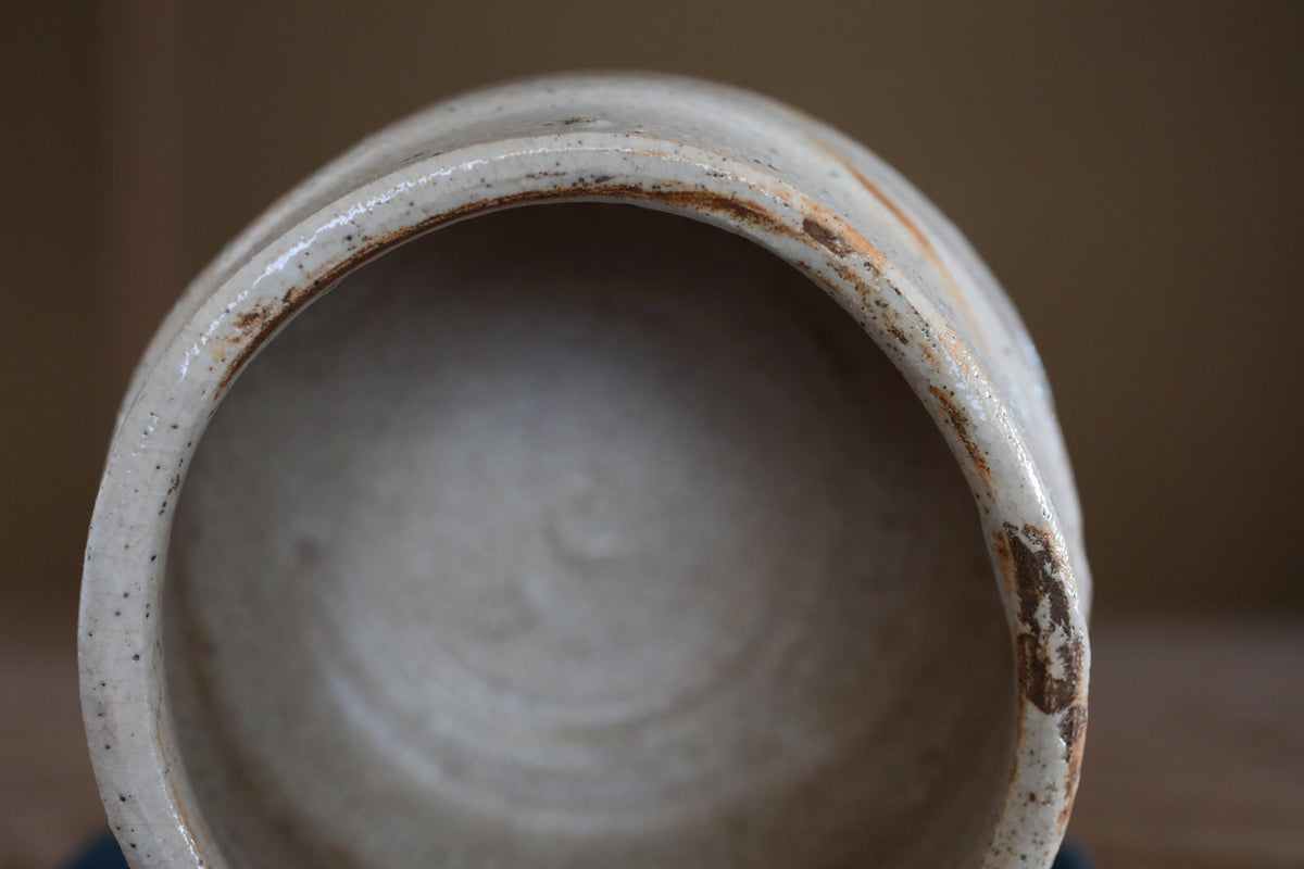 A close-up view of a white ceramic bowl with a rustic, weathered appearance.