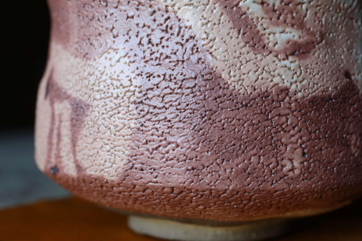 A close-up image of a textured ceramic object, possibly a vase or bowl, with a brown and white color scheme.