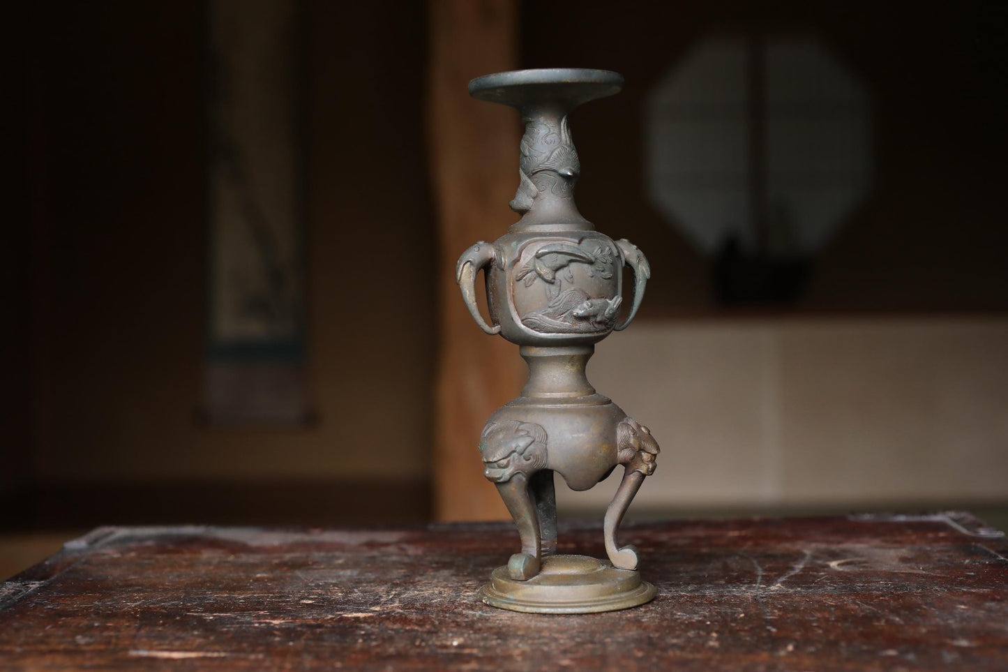 Antique Brass Candlestick Japanese Animal Motif Cast Metal Pillar Candle Holder