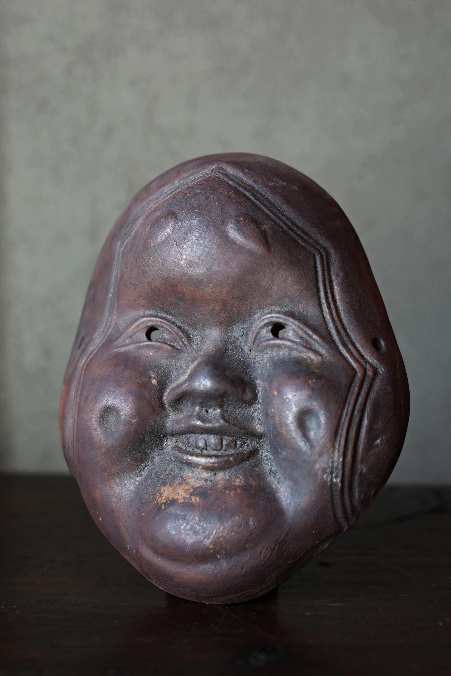 Bizen Ware Otafuku Mask - Antique Japanese Ceramic Wall Decor | Prosperity Symbol