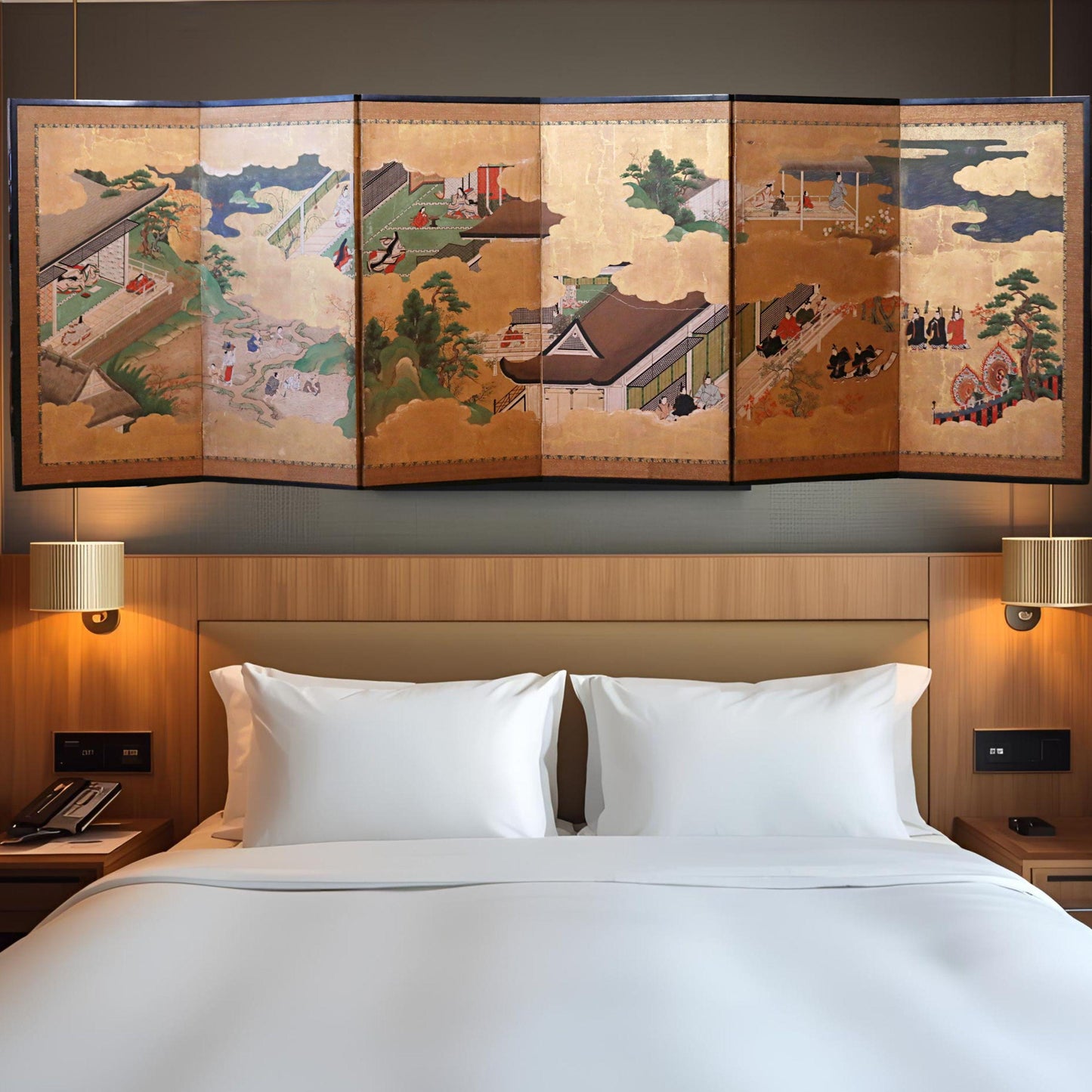 Japanese Antique Byobu Folding Screen - Tale of Genji Art, Gold & Silver Leaf, 17th Century Paravent