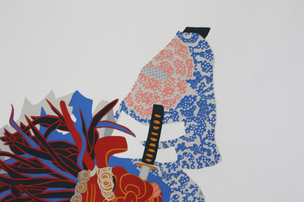 The image is a stylized illustration featuring a figure in a colorful outfit, holding a sword, and surrounded by a vibrant, abstract background.