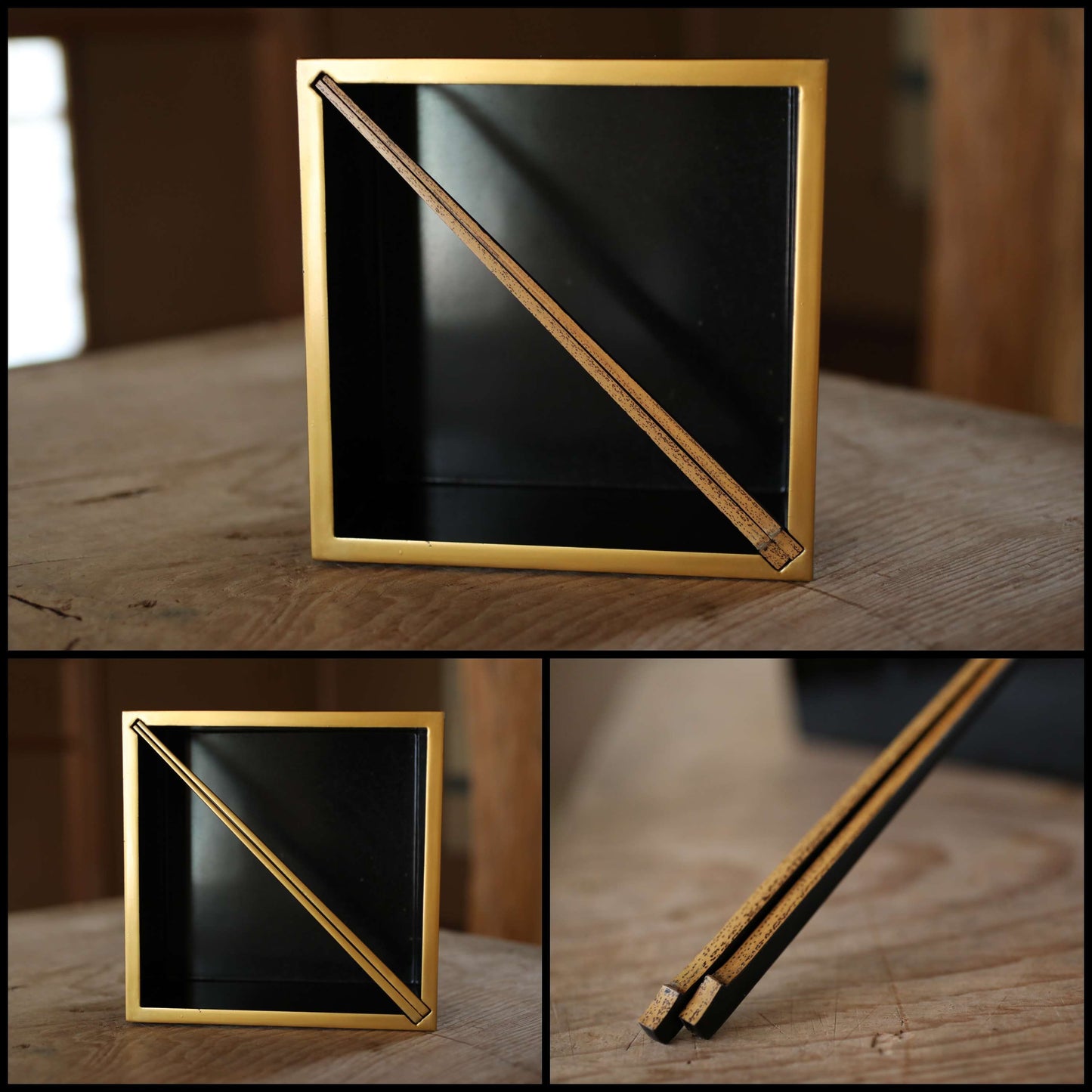Japanese Lacquer Canister – Black Gold Lacquer Sweets Serving Set with Bamboo Chopsticks