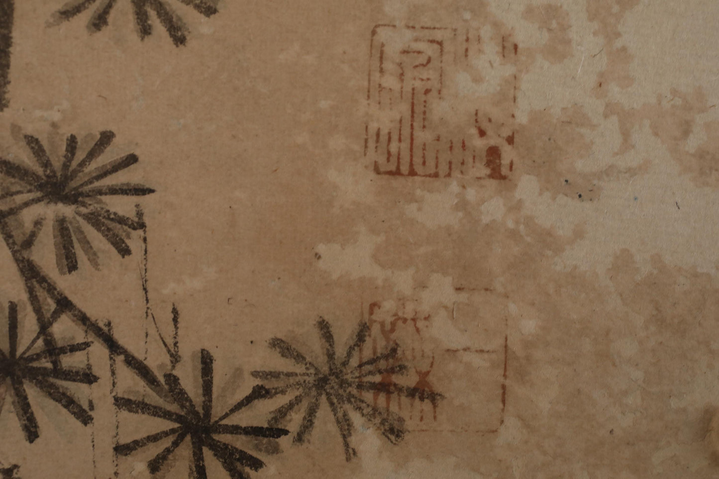 a close-up view of a textured surface with a pattern of black and brown shapes resembling flowers or leaves.