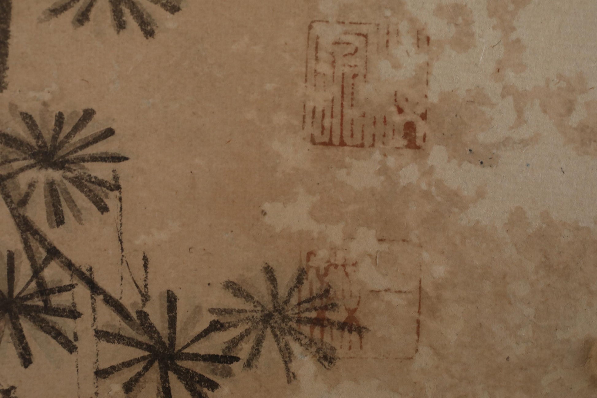 a close-up view of a textured surface with a pattern of black and brown shapes resembling flowers or leaves.