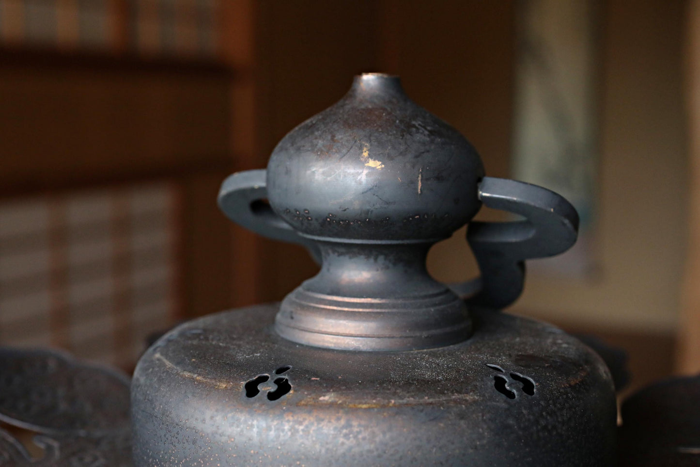 Japanese Antique Lantern - Bronze Hanging Hexagonal Temple Lantern with Lotus Fretwork Design