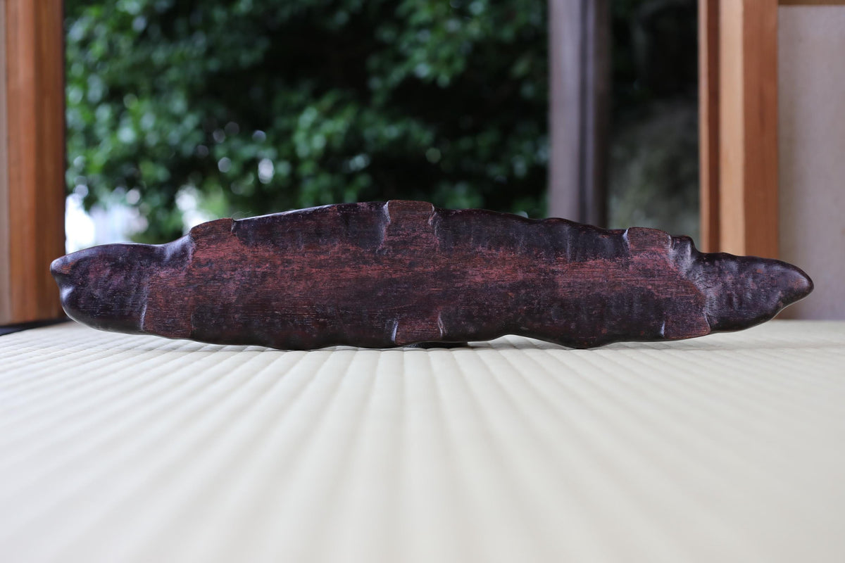 A dark wooden object resembling a fish or sea creature is displayed on a white surface, with a blurred green background.