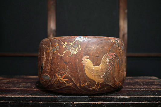 Antique Japanese Hibachi | Traditional Charcoal Brazier with Makie Quail & Plum Blossom Inlay