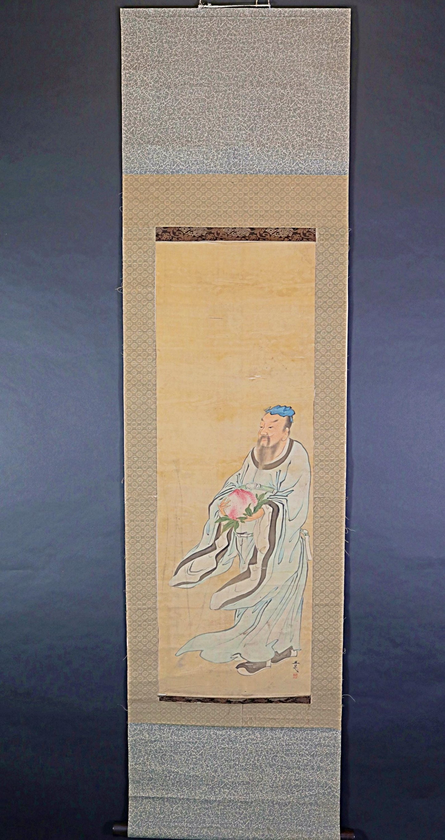 Japanese Antique Scroll - Signed Kakejiku Hermit Zen Painting With Peach Symbol