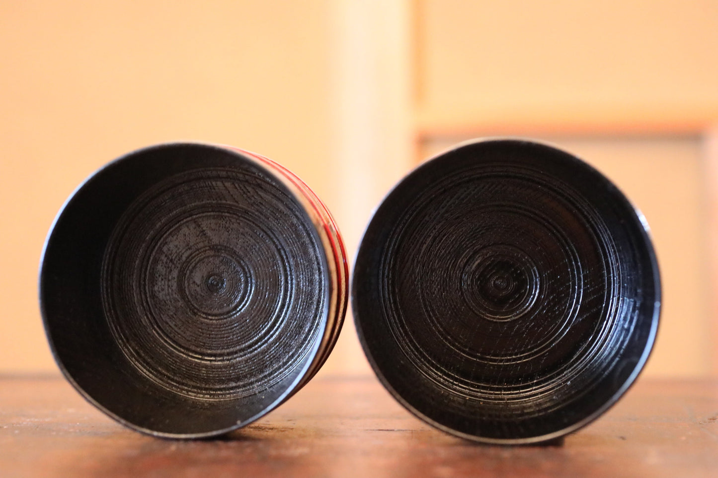 Black Lacquer Sake Coasters – Japanese Wooden Holder With Red Stripe Design