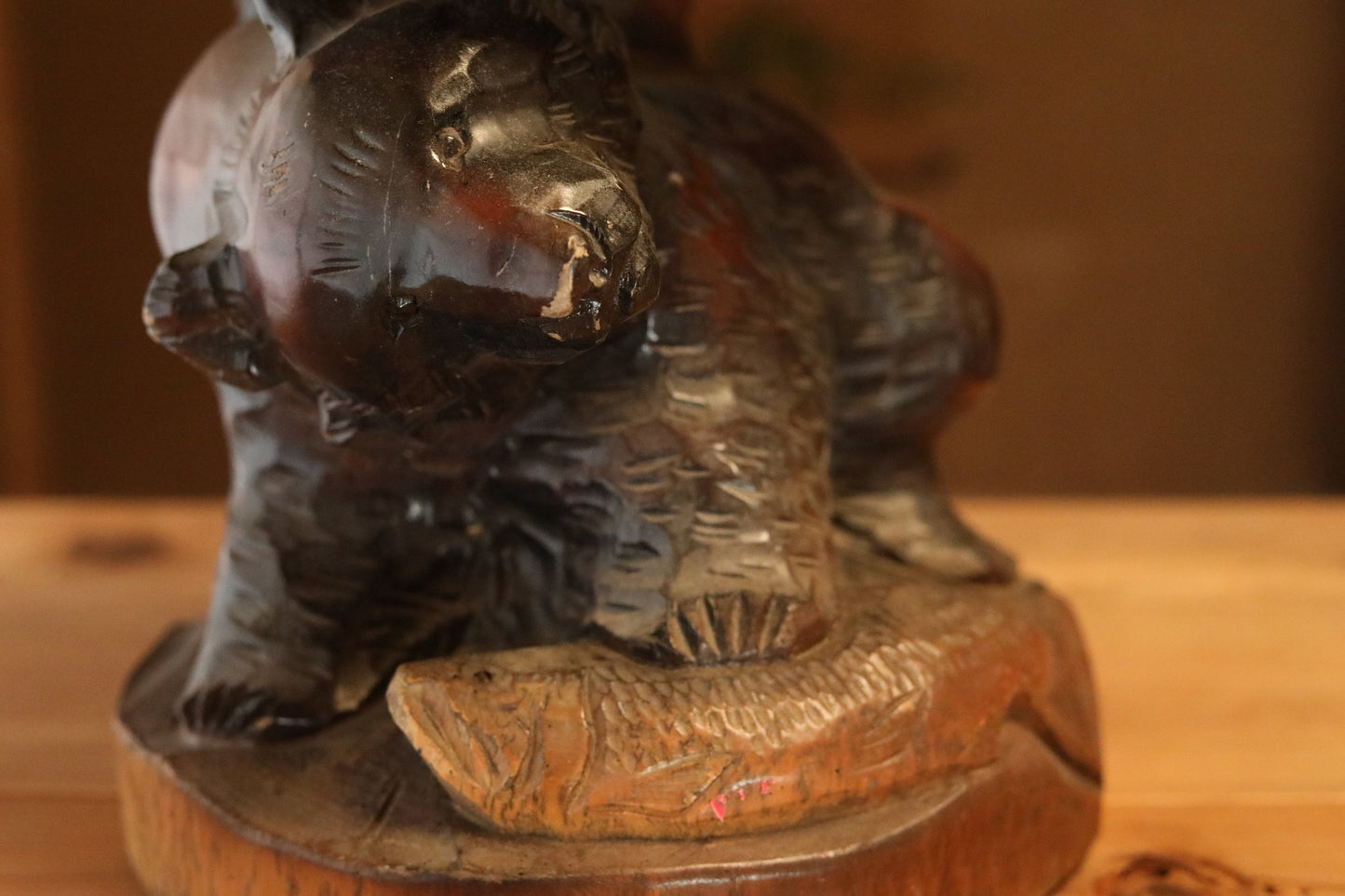 Vintage Wood Bear Sculpture - Hand Carved Japanese Wooden Bear Figurine Pedestal